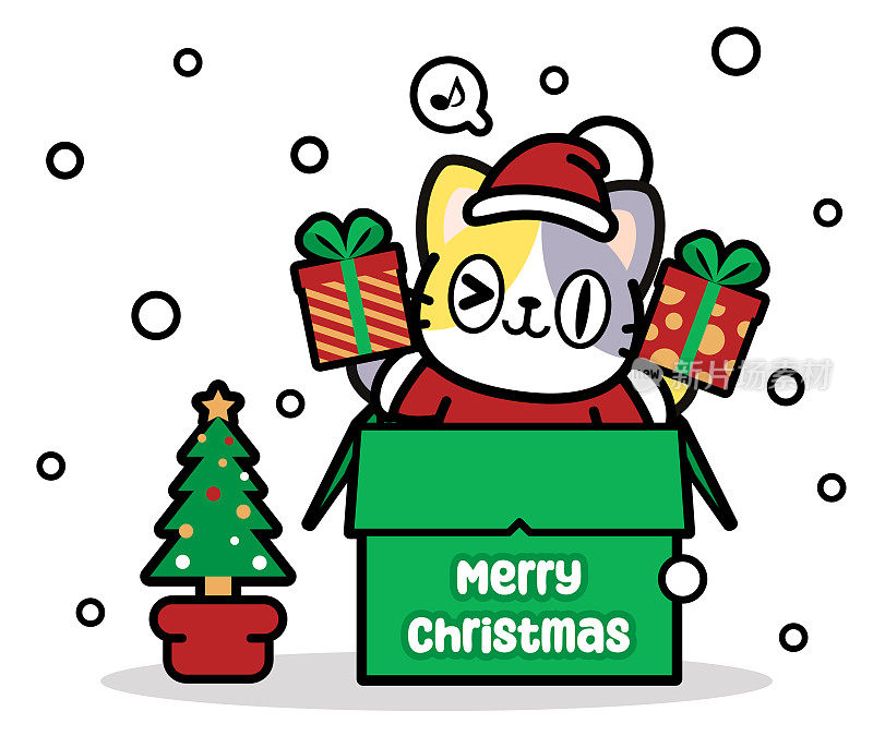一只可爱的猫戴着圣诞帽在盒子里展示圣诞礼物