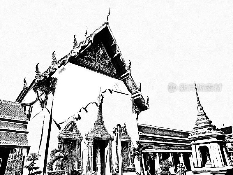 曼谷卧佛寺风景黑白插图。