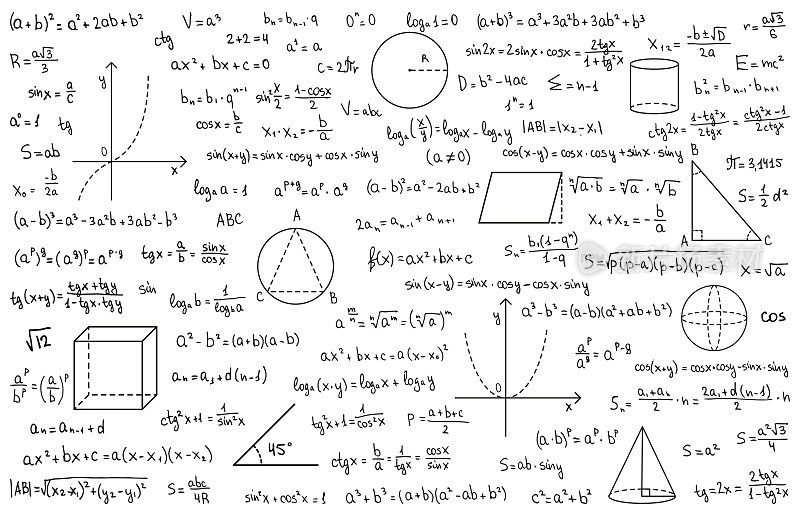 数学理论和数学公式。手写符号孤立在白色背景与手绘公式用于学校教育和文书工作。矢量插图。
