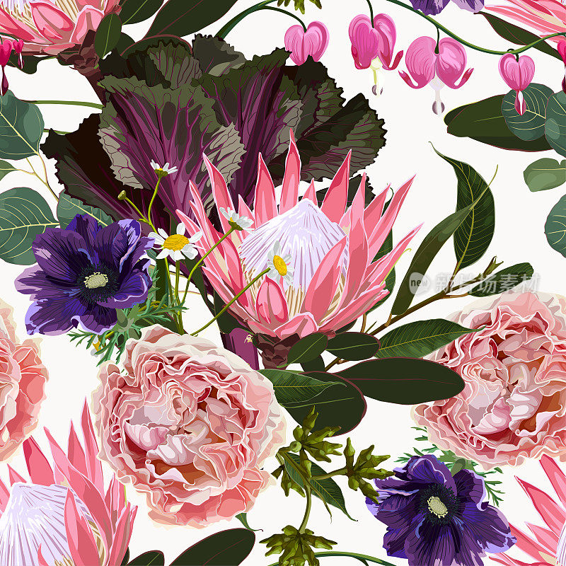 无缝图案与手绘彩色装饰卷心菜和粉色热带花卉。日本新年花。新鲜紫甘蓝，花椰菜，大白菜。