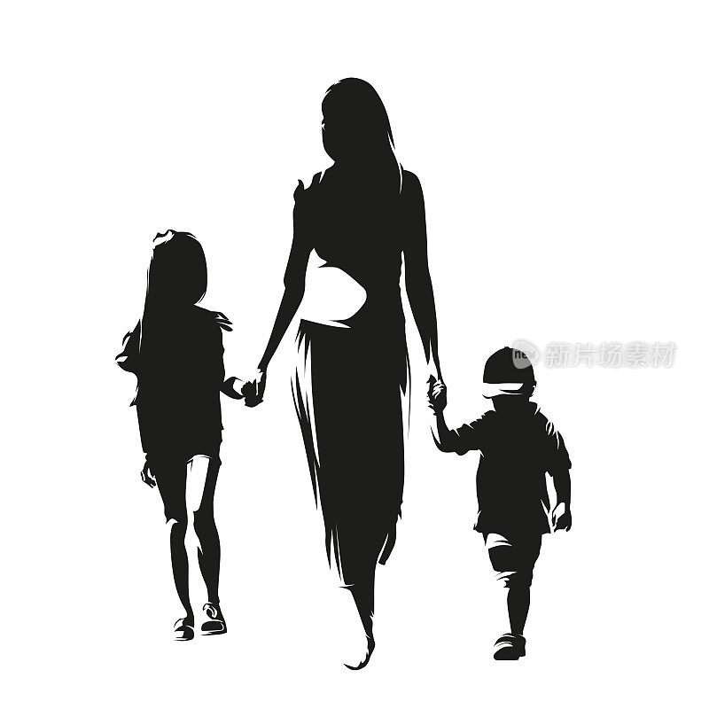 妈妈牵着孩子们的手。母亲带着女儿和儿子。孤立矢量剪影，水墨绘制，正面视图
