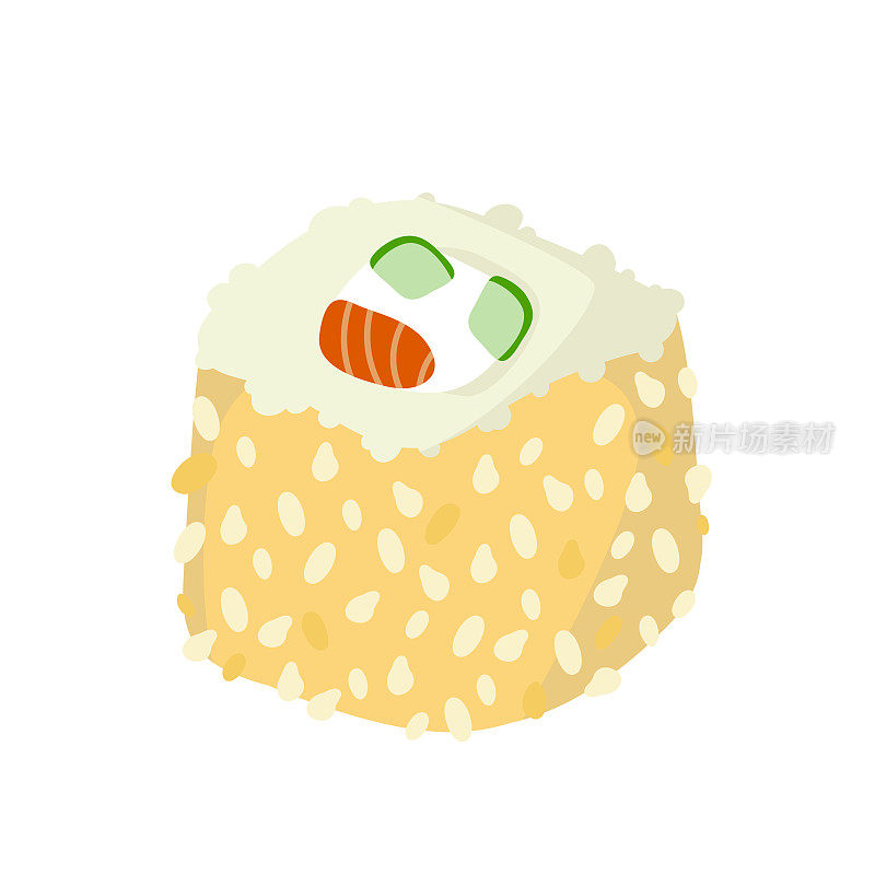 芝麻寿司卷，日本菜。寿司卷卡通风格图标。寿司孤立在白色背景上。矢量卡通寿司。手绘寿司卷。西安的食物