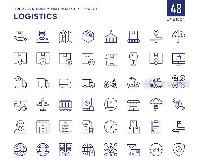 物流线图标集包含货物、集装箱、仓库、送货、包裹等图标。