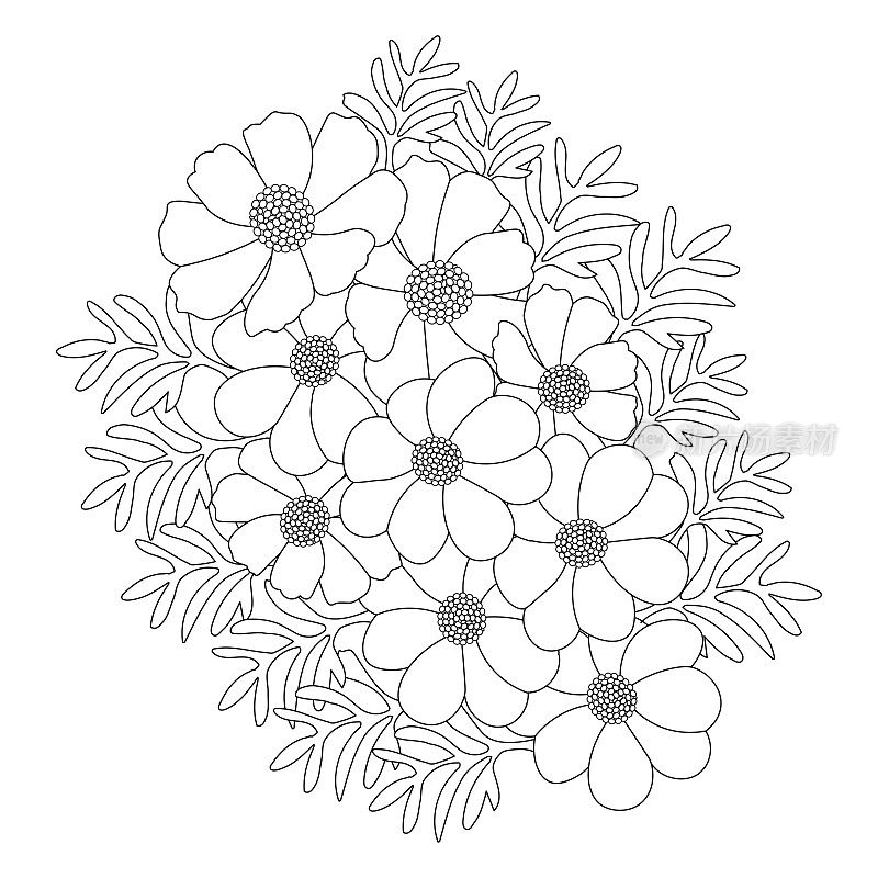 花园宇宙花插图着色页与盛开的花瓣线艺术设计
