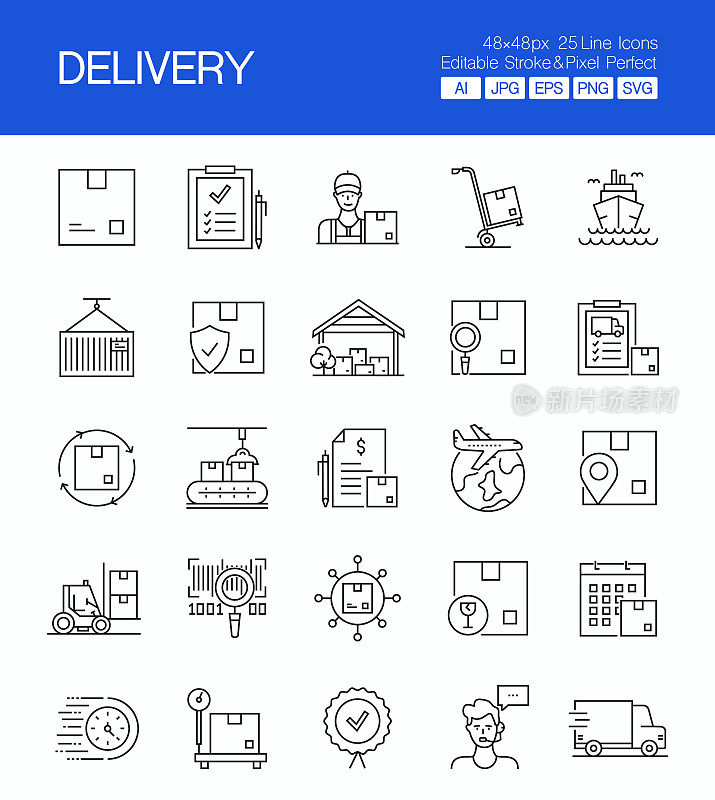 交付细线矢量图标集。设计是可编辑的，颜色可以改变。矢量集创意图标:包装，保险，盒子-集装箱，航运，返回，卡车