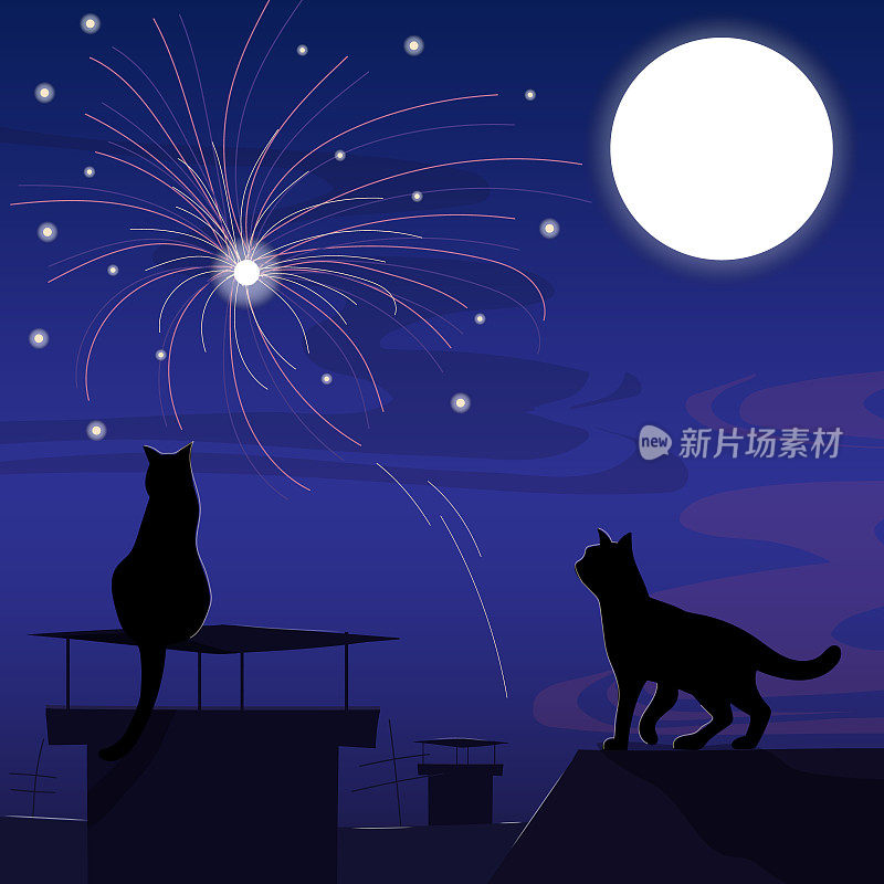 矢量插图的节日烟花展示在城市的夜景为节日和庆祝背景设计。