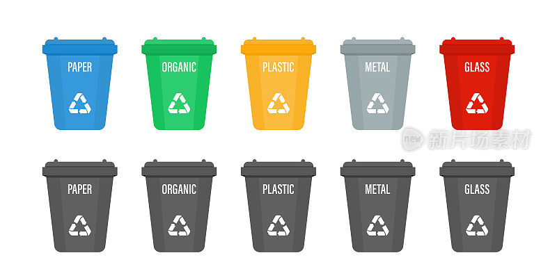 一套彩色回收垃圾桶，可回收不同类型的垃圾。塑料、有机、金属、纸张和玻璃都有回收标志。白色背景上的矢量图标。分离和循环概念。10每股收益