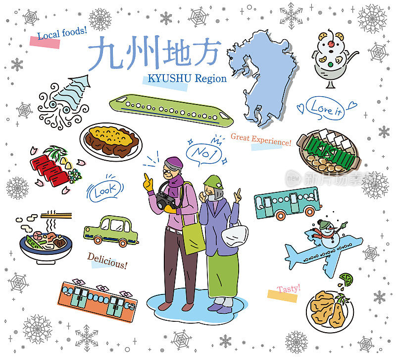 一对老年夫妇在日本九州地区享受冬季美食观光，一组图标(线条画)