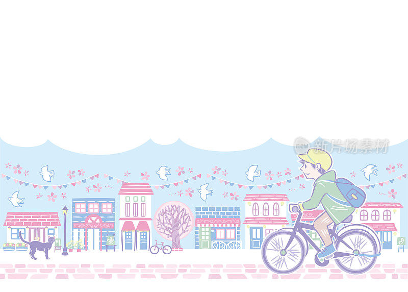 一个男人骑着自行车在樱花盛开的春天