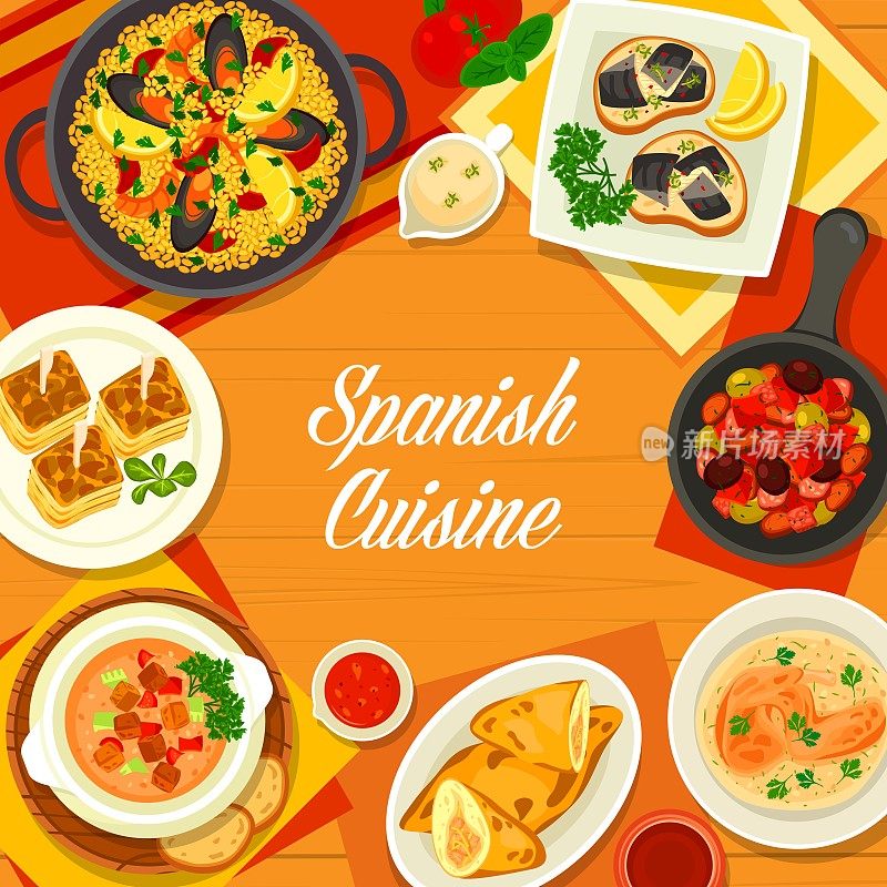 西班牙菜菜单覆盖的食物菜肴和餐点，矢量西班牙小吃。传统的西班牙餐厅菜单，海鲜海鲜饭和鸡肉肉馅卷饼，面包酱兔子和土豆玉米饼