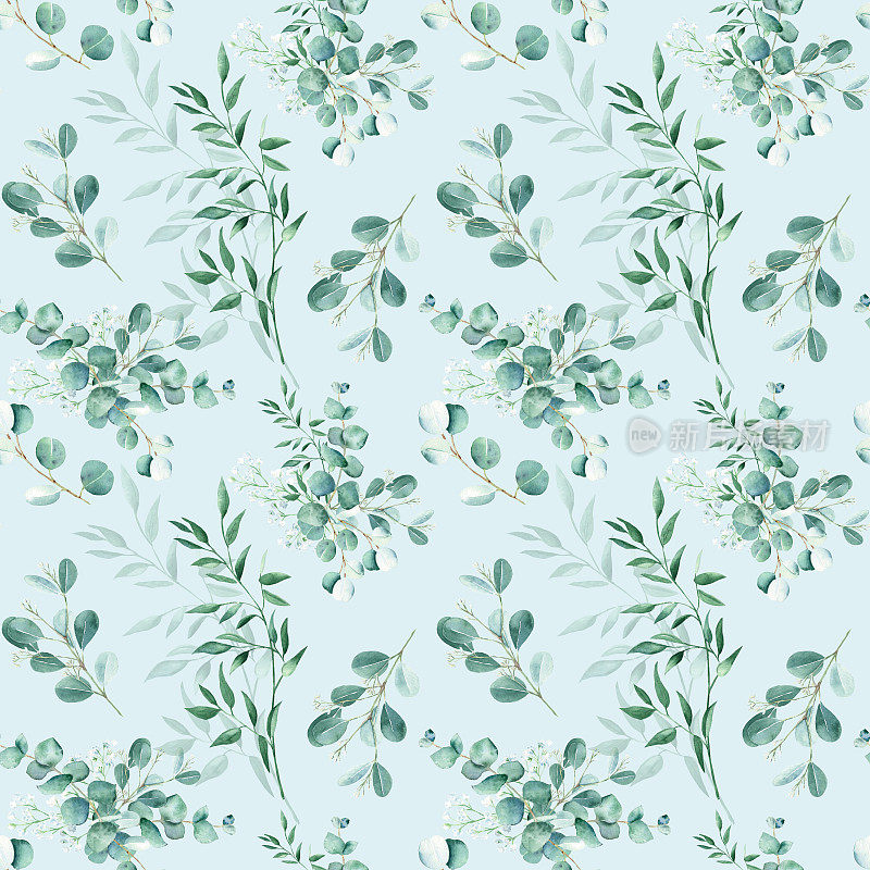 无缝的绿色水彩图案与桉树，吉卜草和开心果树枝上的蓝色背景。可用于婚礼印花，礼品包装纸，厨房纺织品和织物印花。