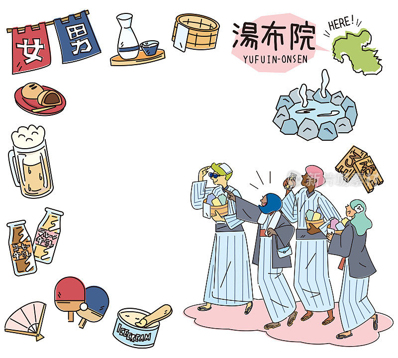 日本大分裕富温泉和一套温泉图标和外国游客穿着浴衣(线条画)