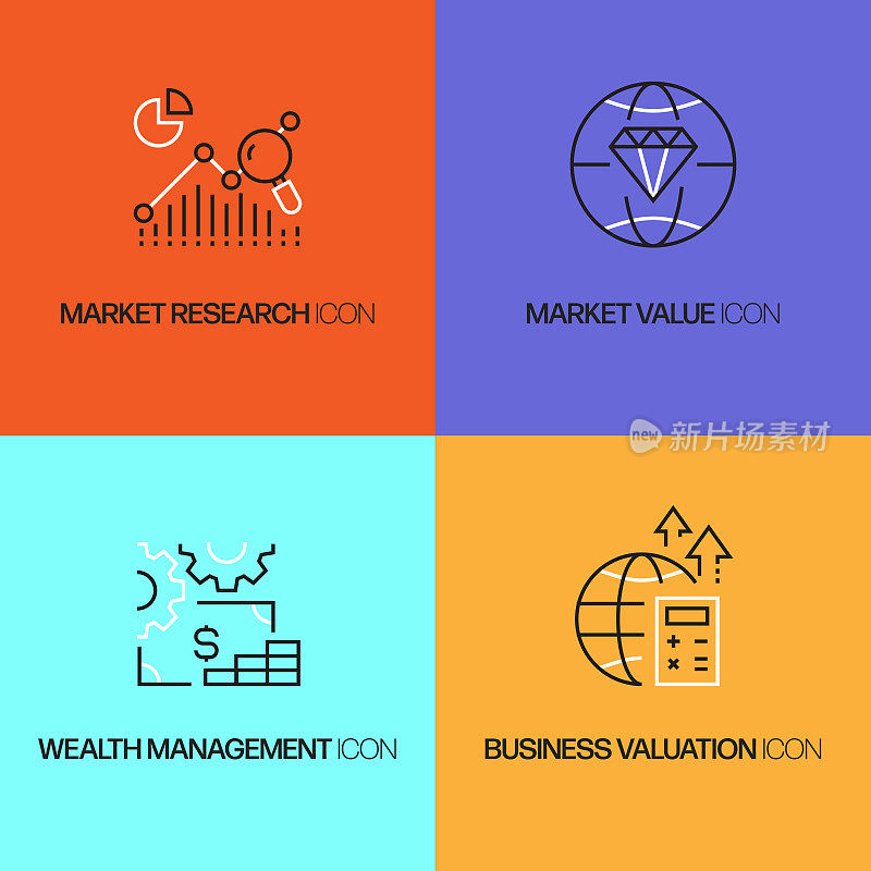 业务管理相关的矢量细线图标。轮廓符号集合