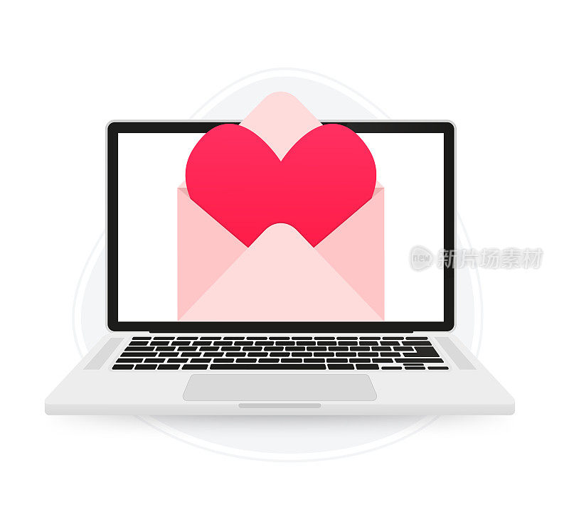 在笔记本电脑上写一封浪漫的信。邮件信封图标与红心通知新消息。电子邮件信件与弹出的语音图标在笔记本电脑上。情人节快乐，情意绵绵。矢量图