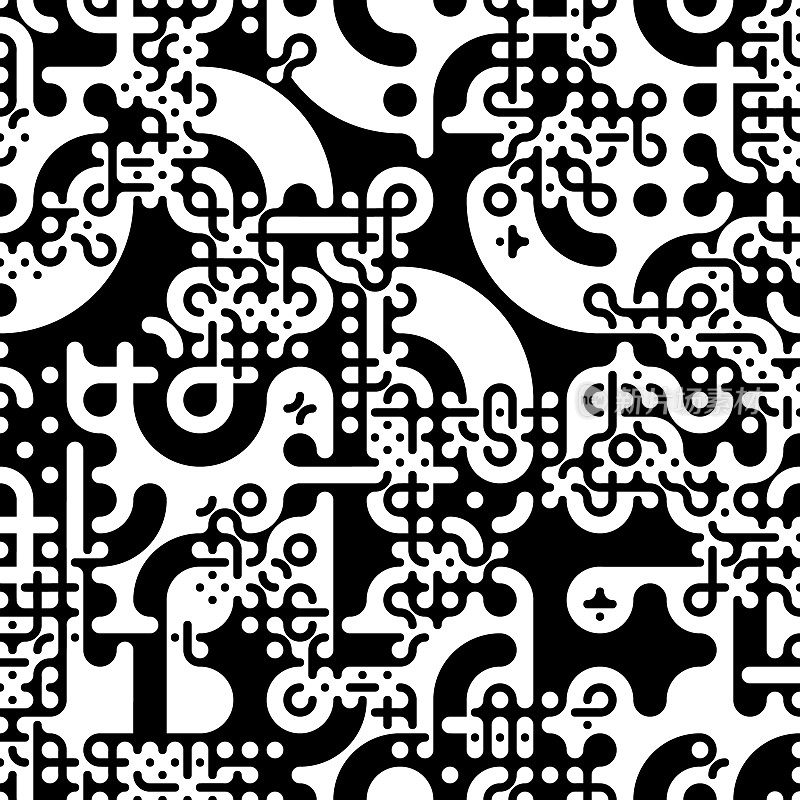 无缝Truchet瓷砖图案。重复的几何黑白形状。
