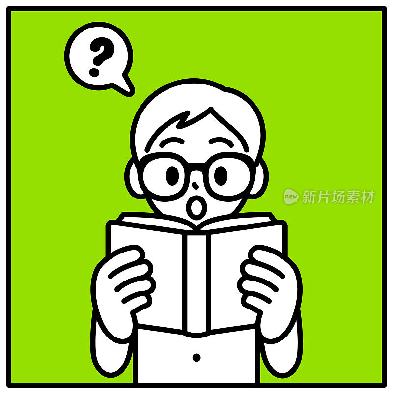 一个戴着牛角框眼镜的男孩正在看书和提问，极简风格，黑白轮廓