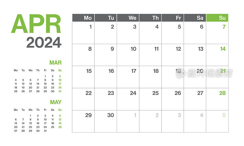 2024年4月-每月季度日历。极简风格的景观水平日历2024年。向量模板。这一周从星期一开始