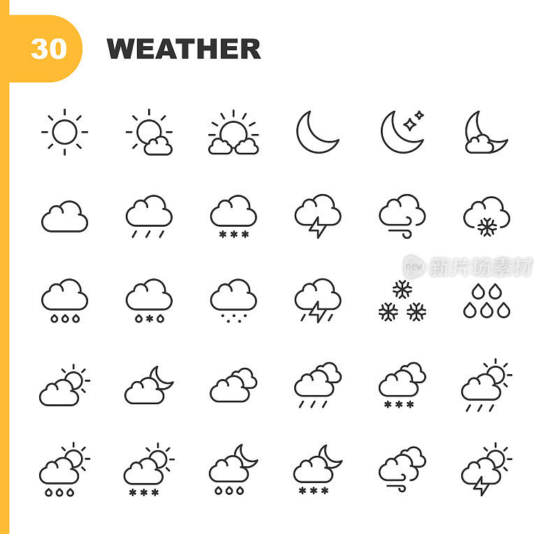 天气线图标。可编辑的中风。像素完美。移动和Web。包含气候，云，生态，环境，雾，地球，月亮，海洋，行星，彩虹，海，雪，春天，夏天，太阳，日落，打雷，伞，波浪，风，冬天等图标。
