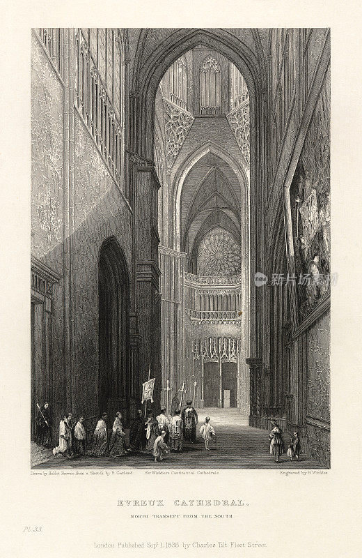 法国大教堂，埃夫勒大教堂，博韦，瓦兹，埃夫勒，古董法国雕刻，1837年