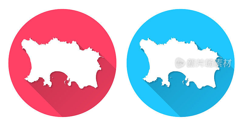 泽西岛的地图。圆形图标与长阴影在红色或蓝色的背景
