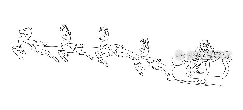 圣诞老人和驯鹿连续线条绘制与可编辑的笔触