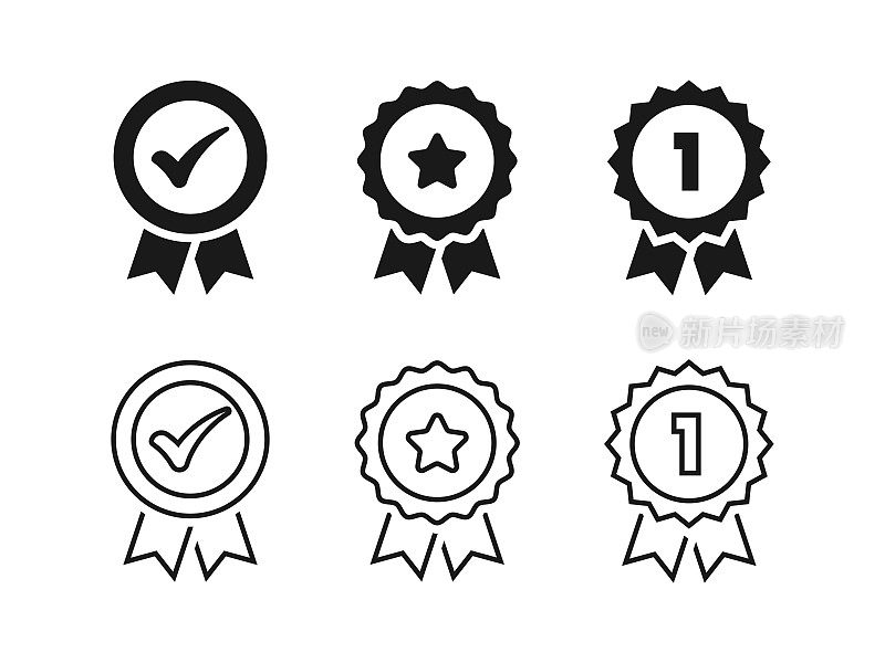 认证，批准和奖章图标集矢量设计。