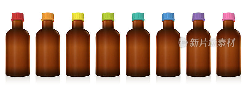 药药瓶。一套不同的药瓶与彩色塑料螺旋盖。用于药片，药片，胶囊，球状体的未标瓶。褐色的玻璃。孤立的向量在白色。
