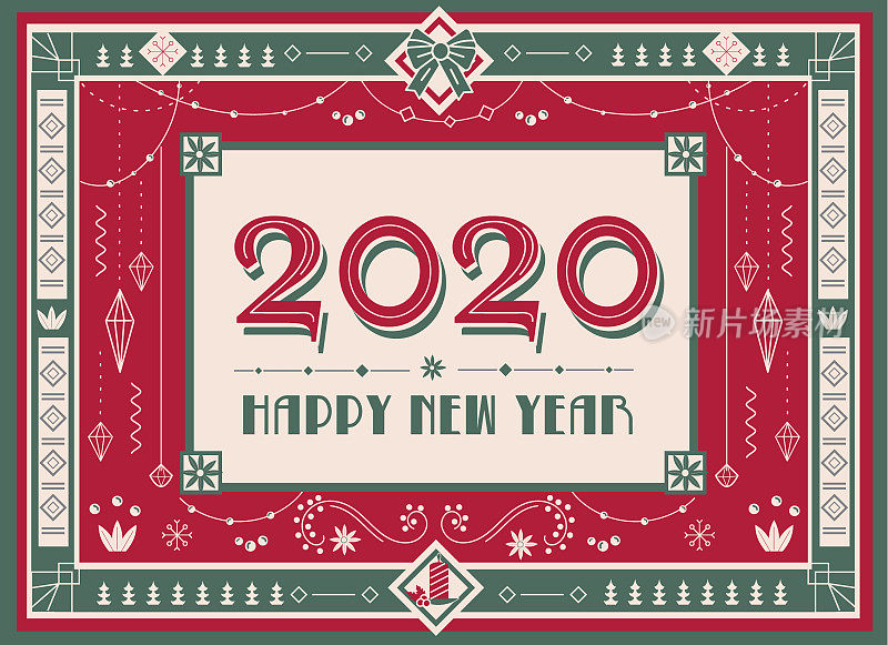 艺术装饰2020快乐新年设计模板与详细的装饰品和珠子