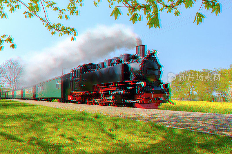 历史悠久的德国蒸汽火车在春天穿过田野，3d立体浮雕效果
