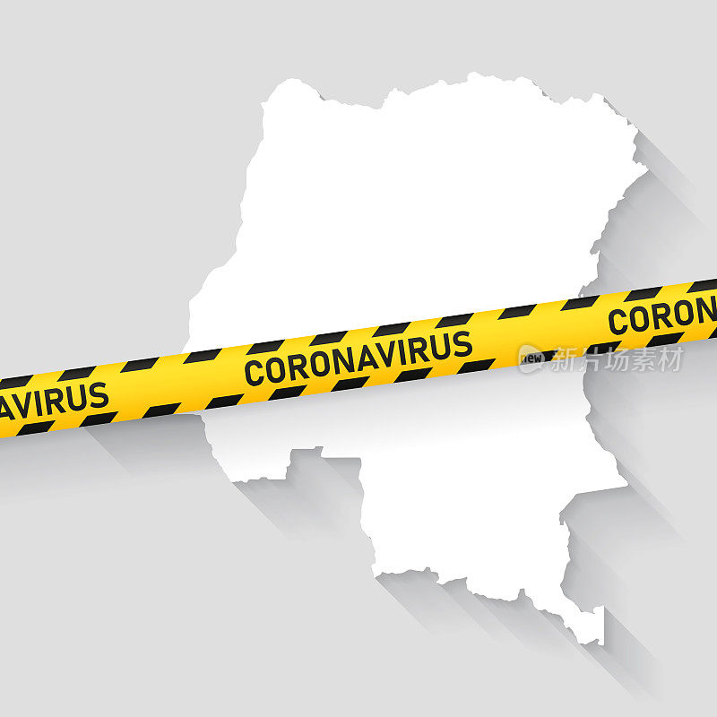 刚果民主共和国地图与冠状病毒警告胶带。Covid-19爆发
