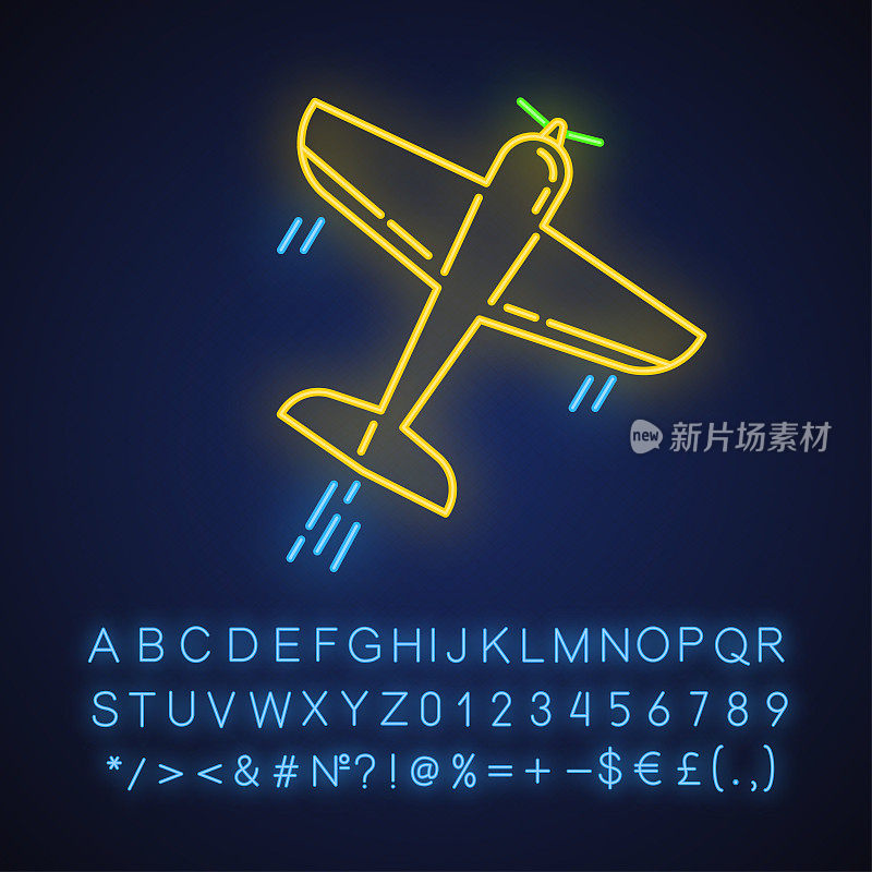 特技飞行霓虹灯图标。特技飞行和特技飞行空军秀用飞机。航空,飞机的性能。飞机的技巧。发光的字母、数字。向量孤立的插图