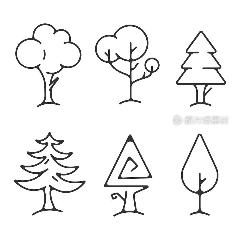 树卡通图标设置。公园和森林轮廓矢量设计的白色背景。