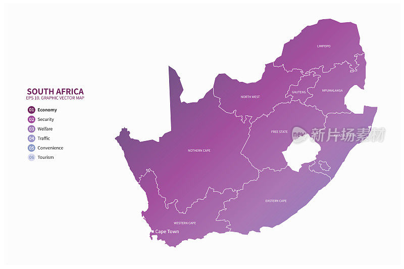 南非的地图。南非南部的矢量地图