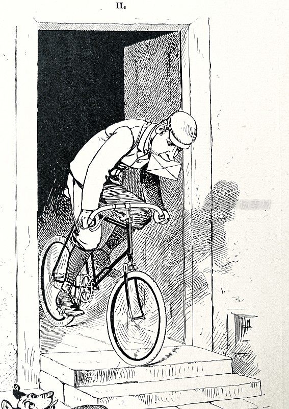 骑自行车的人开车出了门，嘴里叼着一封信，下了楼梯，送了一封信