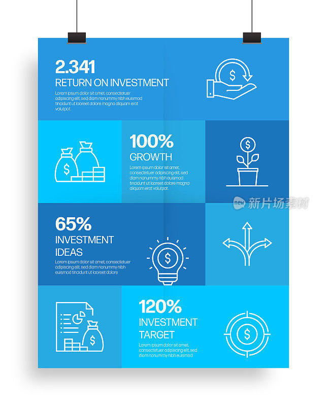投资相关流程信息图模板。过程时间图。使用线性图标的工作流布局