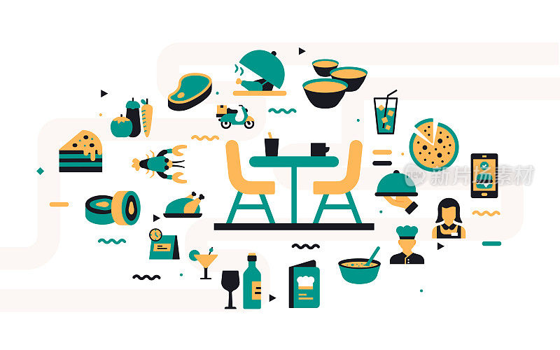 餐厅，食物和饮料相关的平面风格矢量插图