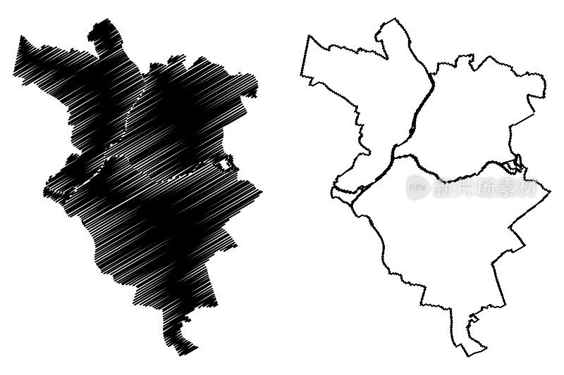 勒芒城(法兰西共和国，法国)地图矢量插图，涂鸦素描勒芒城地图