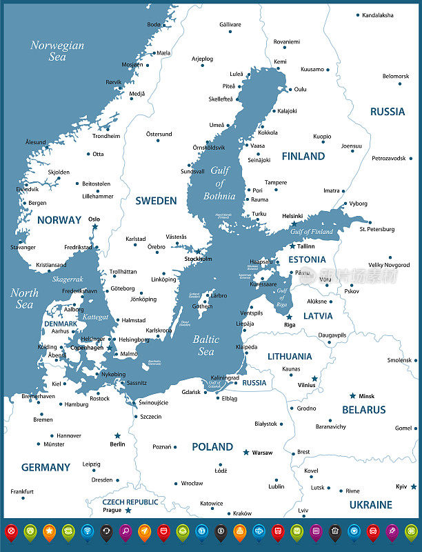 波罗的海地区地图。矢量插图与地理边界和导航图标