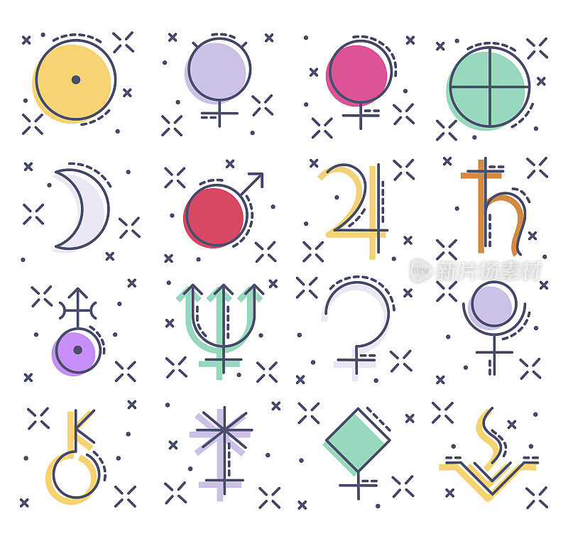 星相学中行星的线颜色图标。矢量插图与标志火星，金星，水星，月亮，太阳，木星，土星，冥王星，天王星，海王星，灶神星，雅典娜，朱诺，喀戎，谷神星