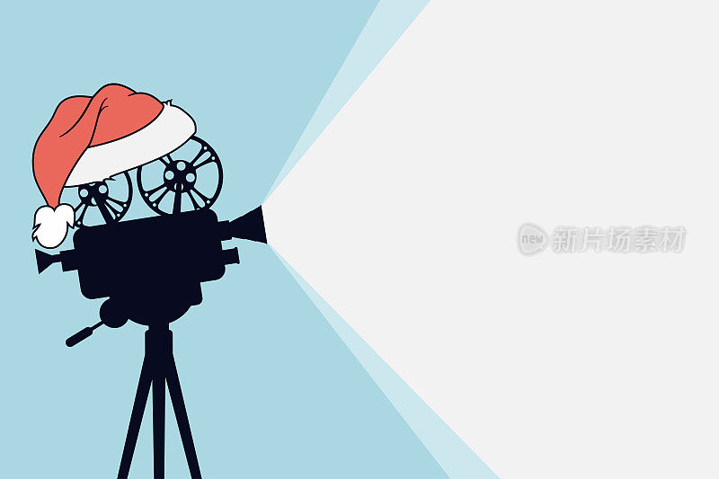 剪影的老式电影放映机三脚架与圣诞老人的帽子。电影背景。电影摄影机投射一束带有文字位置的光。电影节模板横幅，传单，海报