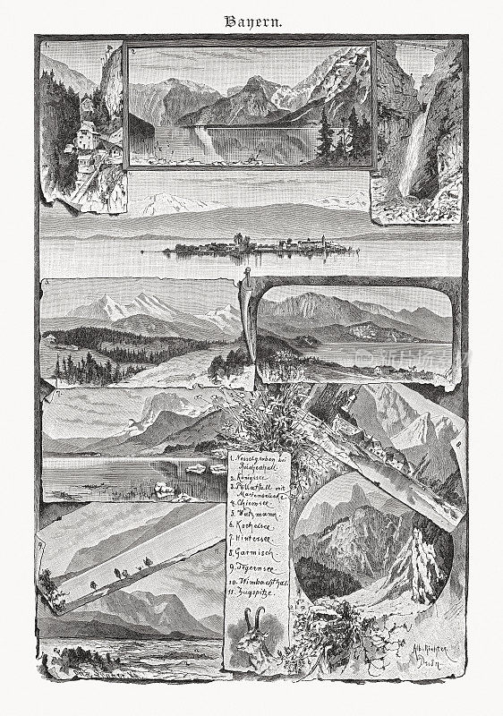 德国巴伐利亚风景的历史观点，木刻，1893年出版