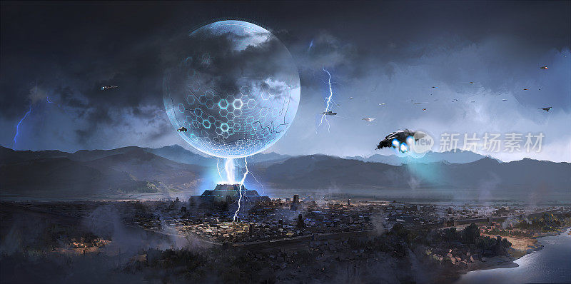 外星飞船出现在古城上空，科幻插画。