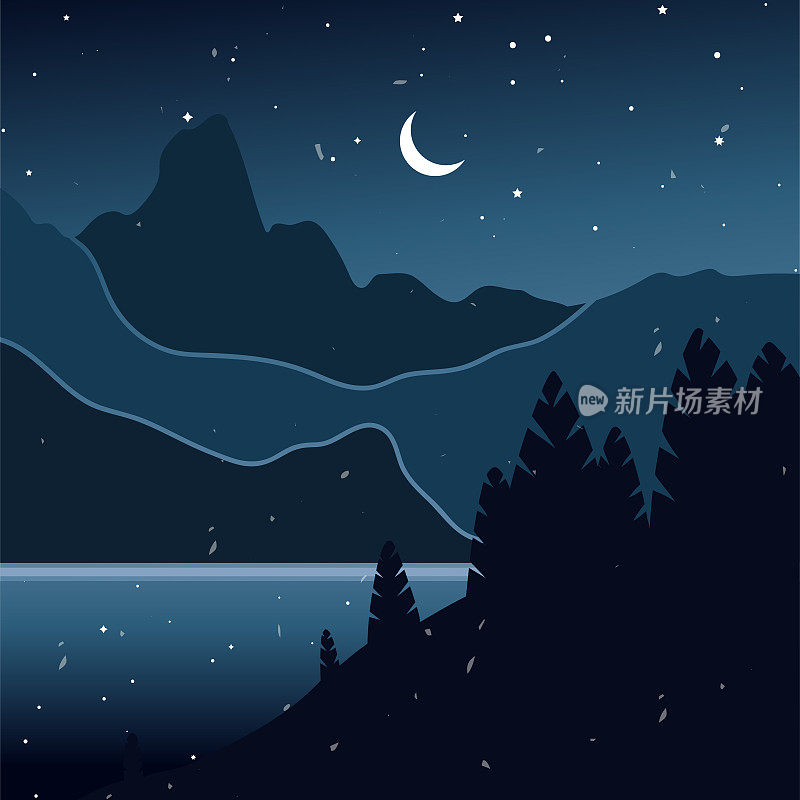 抽象的极简主义背景与月亮，星星，山，树，湖。