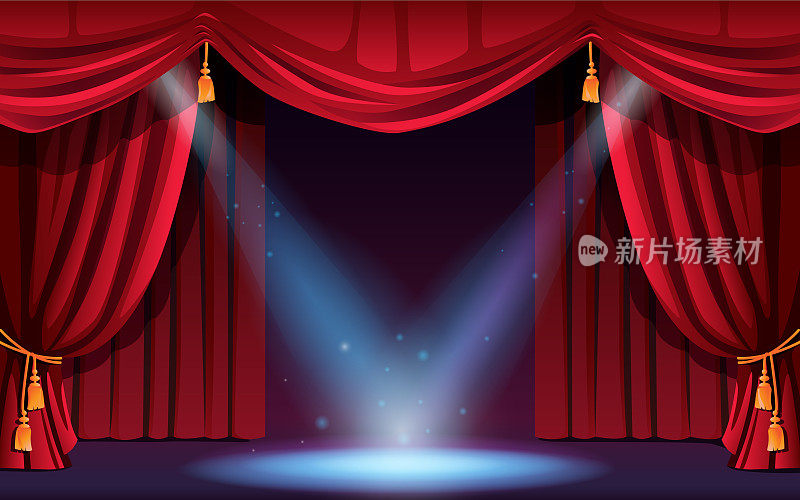 有窗帘和聚光灯的经典舞台。矢量节日场景与灯光和投影仪。音乐会，舞蹈表演，表演或音乐节，照明和装饰。电影仪式现场