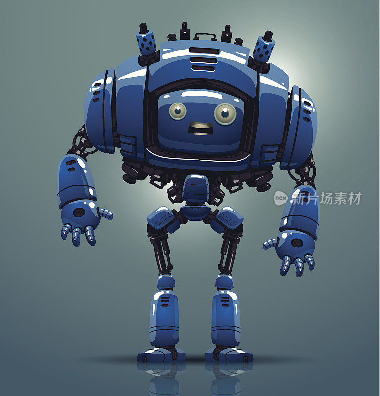未来派的蓝色机器人站在灰色背景上
