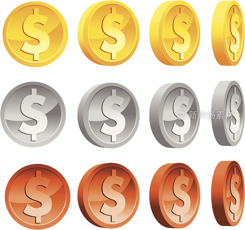 各种颜色的美元硬币的插图