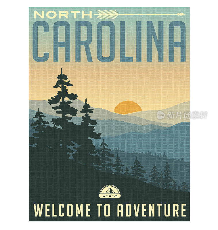 复古风格的旅行海报或贴纸。美国，北卡罗莱纳州，大烟山