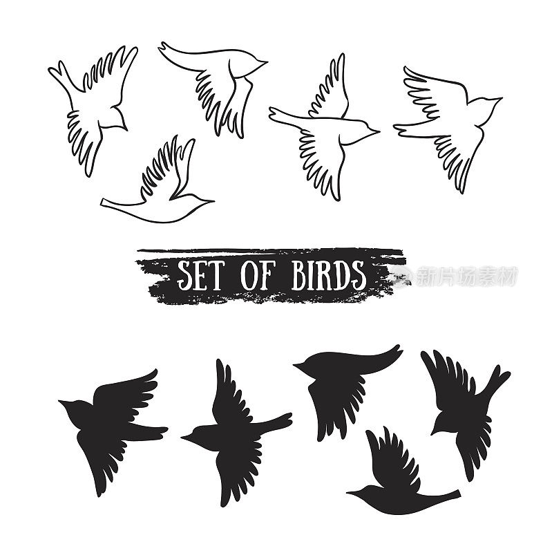鸟儿在天空中飞翔。矢量插图黑色图标。