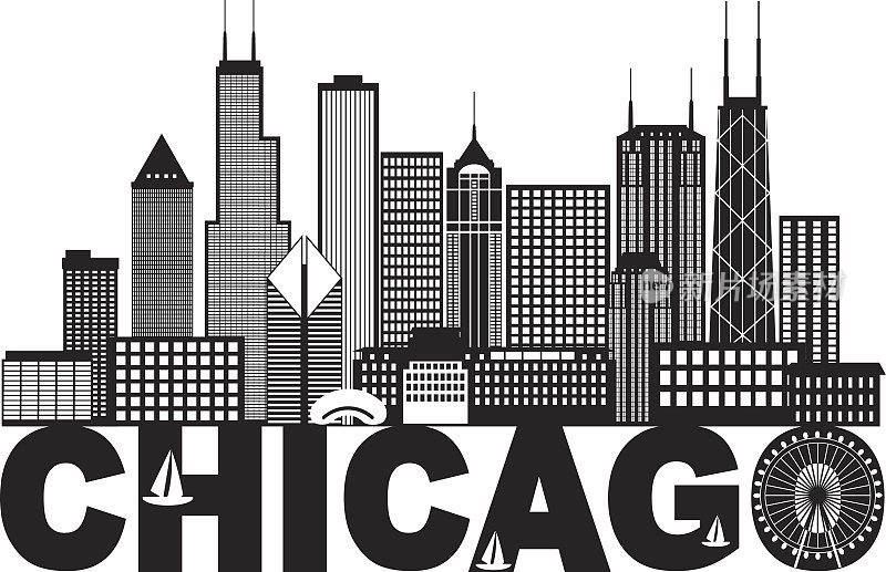 芝加哥城市天际线文本黑白插图