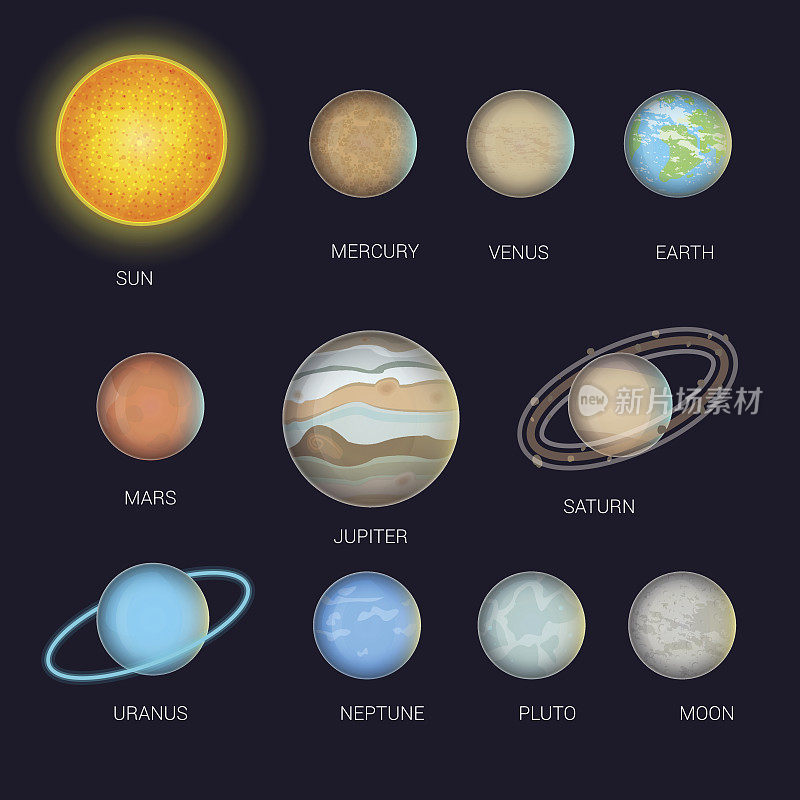 平行星在黑暗的背景信息图模板矢量插图集。太阳系的概念。
